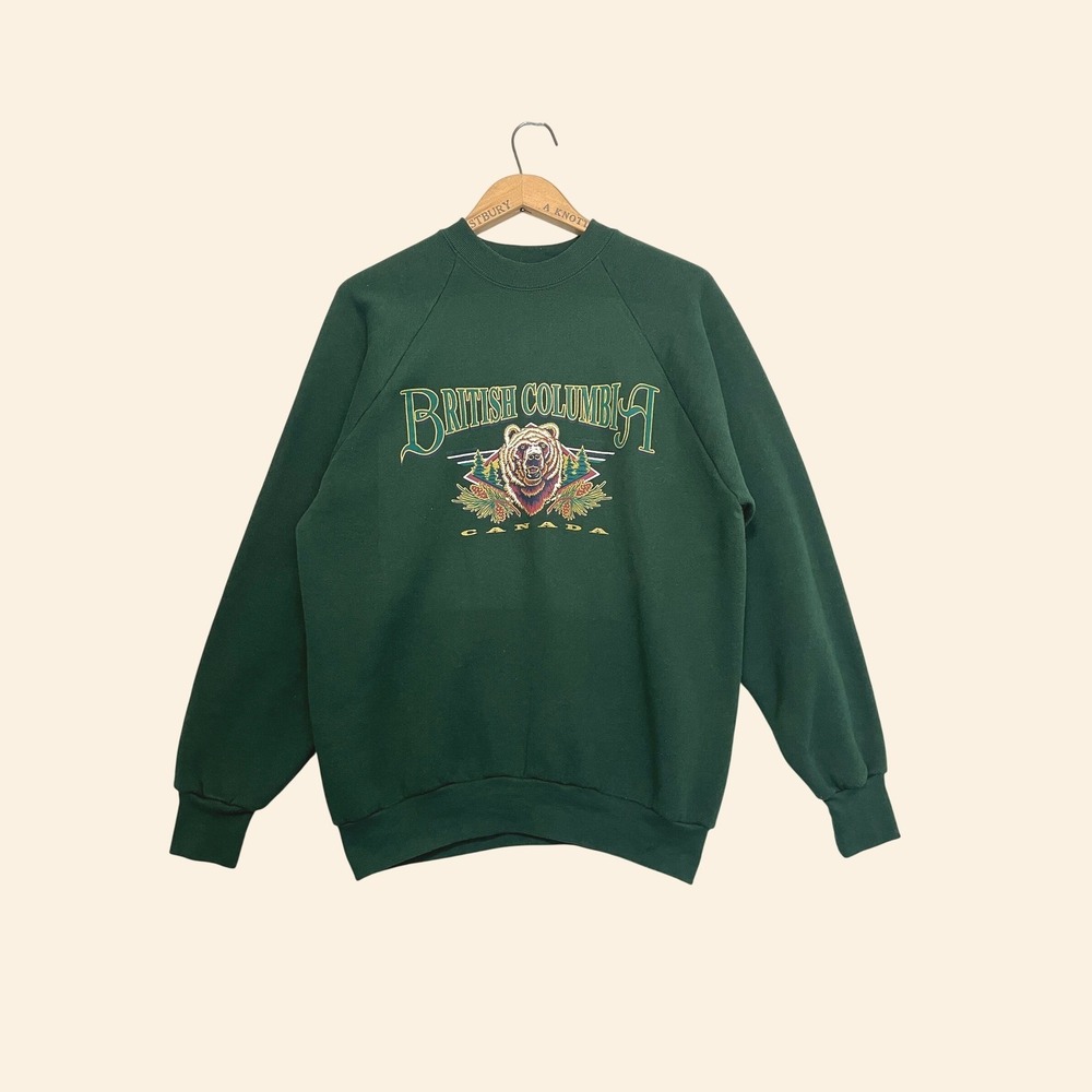 Vintage Fruit of the Loom British Columbia Canada Bear Sweatshirt Green Large